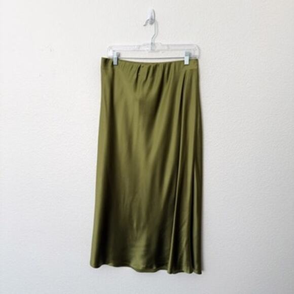 [Serenity] Olive Green Elastic Waist Pull On Silk Satin Midi Slip Skirt NWT XL - Picture 3 of 12
